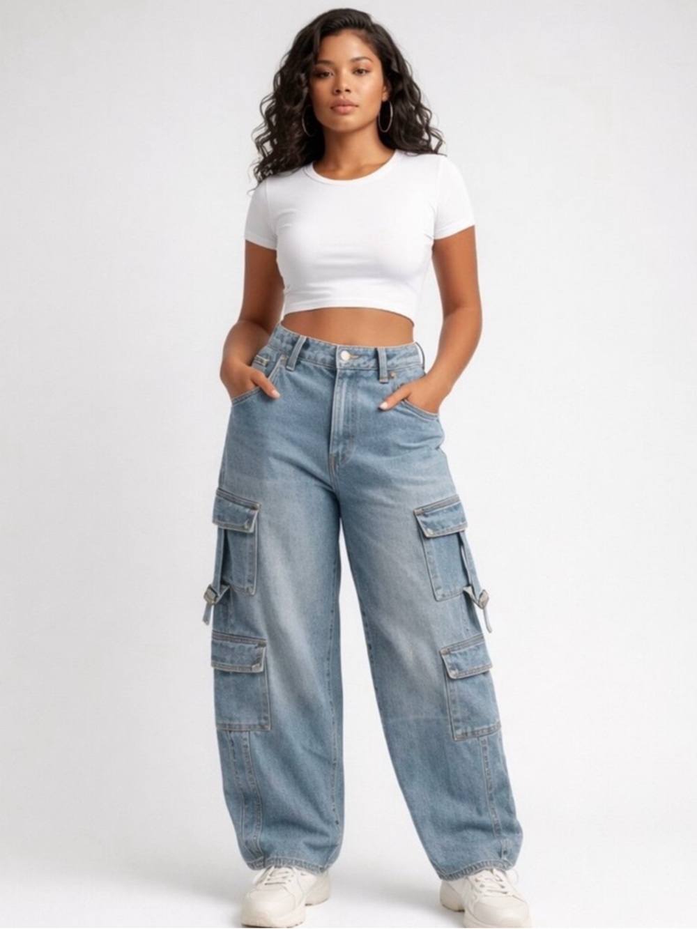 Womens Cargo Jeans Wide Leg Light Wash High Rise Buckle Strap Y2K Skater Size 16